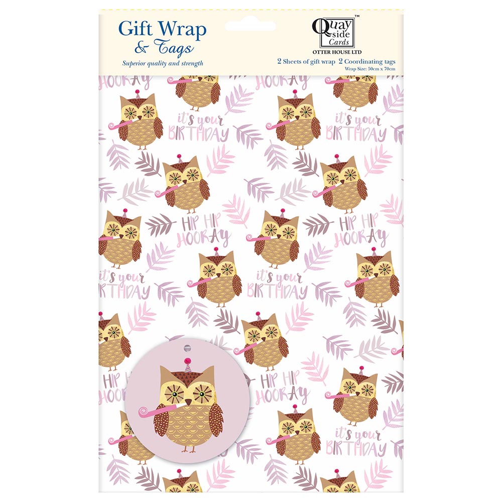 2 Sheets+Tags Gift Wrap & Tags Birthday Owl